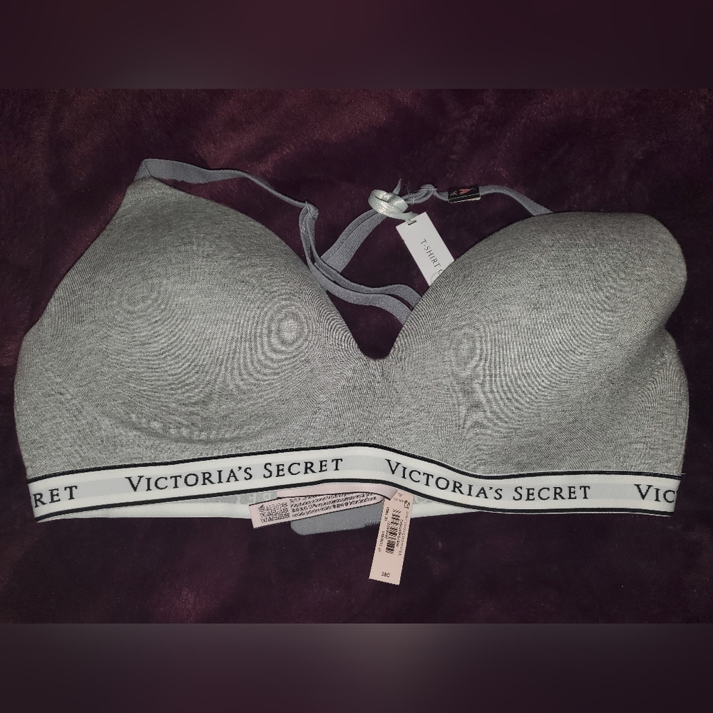 Victoria's Secret T-SHIRT Lightly-Lined Wireless Bra 38 C grey with logo band